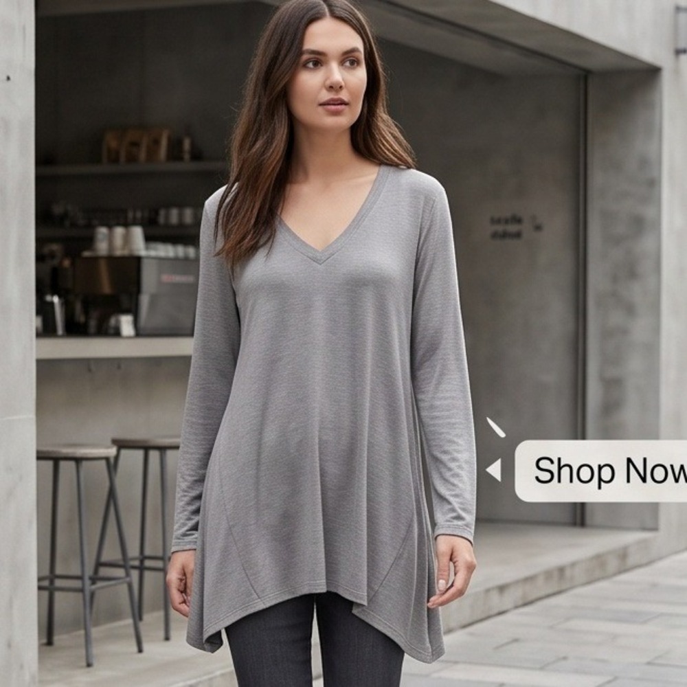 Slinky Brand 2X Gray V-Neck Sharkbite Hem Long Sleeve Tunic Top 9635-R15 USA